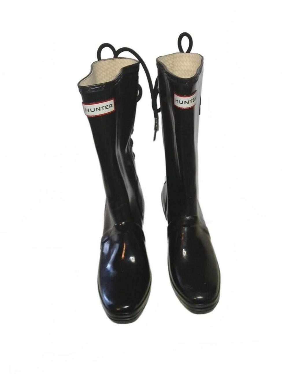 Hunter Black Lace-Up Wedge Rain Boots Size 8
